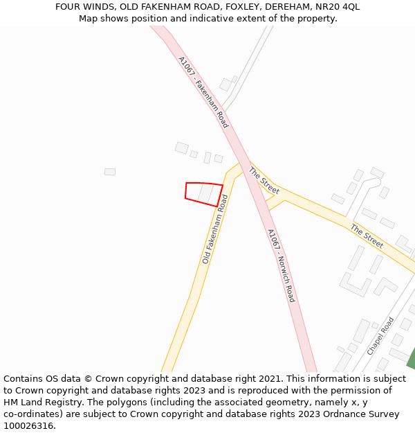 FOUR WINDS, OLD FAKENHAM ROAD, FOXLEY, DEREHAM, NR20 4QL: Location map and indicative extent of plot