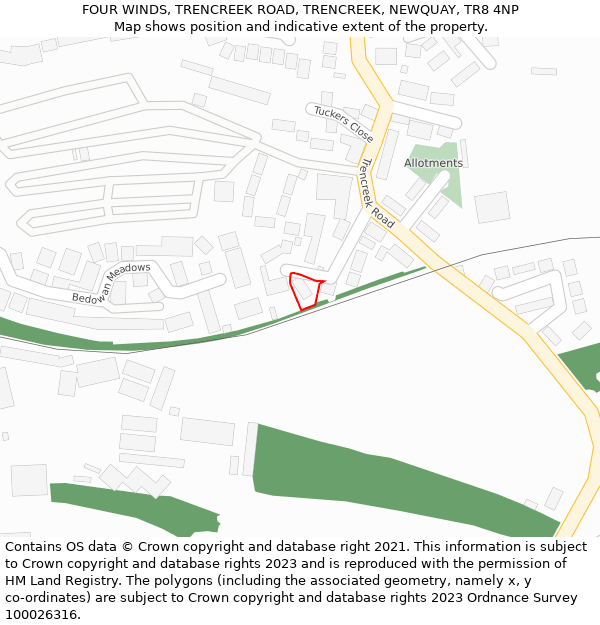 FOUR WINDS, TRENCREEK ROAD, TRENCREEK, NEWQUAY, TR8 4NP: Location map and indicative extent of plot