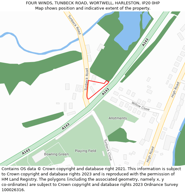 FOUR WINDS, TUNBECK ROAD, WORTWELL, HARLESTON, IP20 0HP: Location map and indicative extent of plot