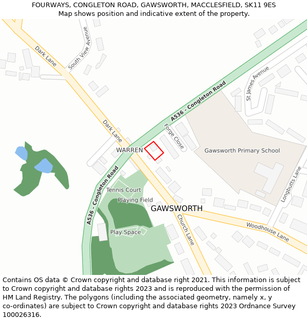 FOURWAYS, CONGLETON ROAD, GAWSWORTH, MACCLESFIELD, SK11 9ES: Location map and indicative extent of plot