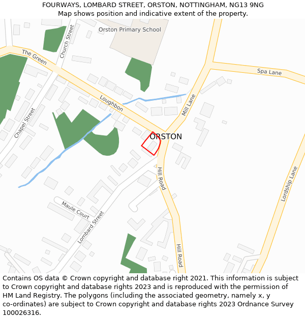 FOURWAYS, LOMBARD STREET, ORSTON, NOTTINGHAM, NG13 9NG: Location map and indicative extent of plot