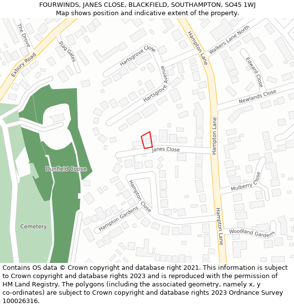 FOURWINDS, JANES CLOSE, BLACKFIELD, SOUTHAMPTON, SO45 1WJ: Location map and indicative extent of plot