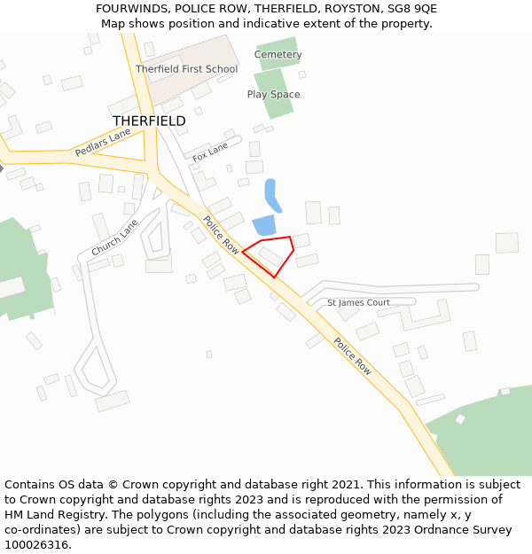 FOURWINDS, POLICE ROW, THERFIELD, ROYSTON, SG8 9QE: Location map and indicative extent of plot