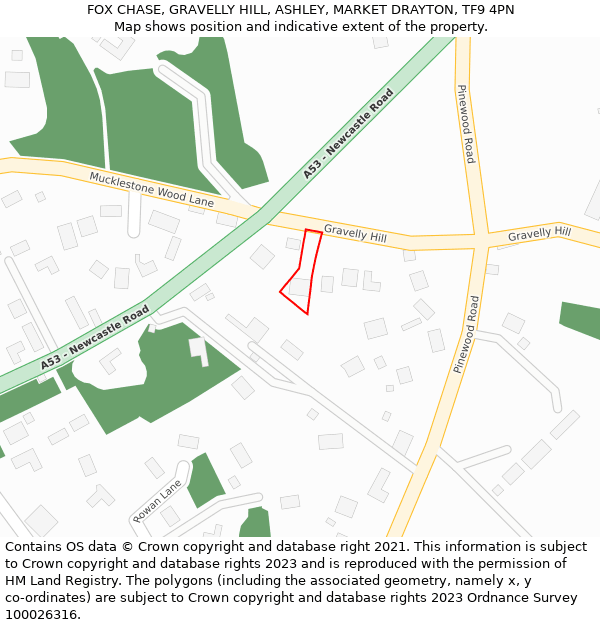 FOX CHASE, GRAVELLY HILL, ASHLEY, MARKET DRAYTON, TF9 4PN: Location map and indicative extent of plot