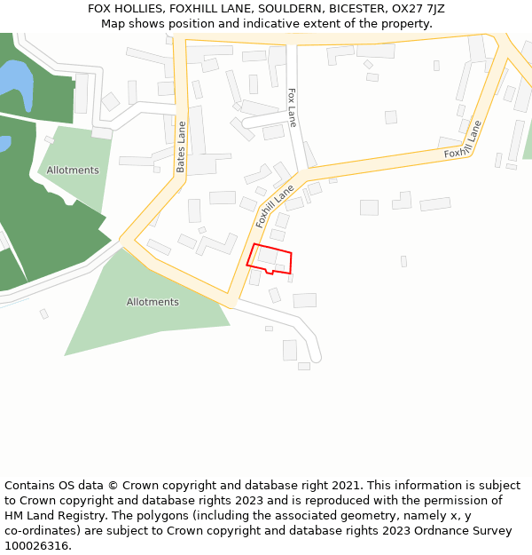 FOX HOLLIES, FOXHILL LANE, SOULDERN, BICESTER, OX27 7JZ: Location map and indicative extent of plot