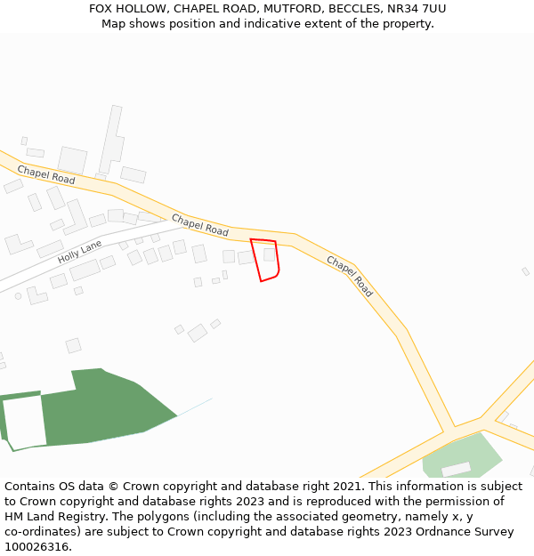 FOX HOLLOW, CHAPEL ROAD, MUTFORD, BECCLES, NR34 7UU: Location map and indicative extent of plot