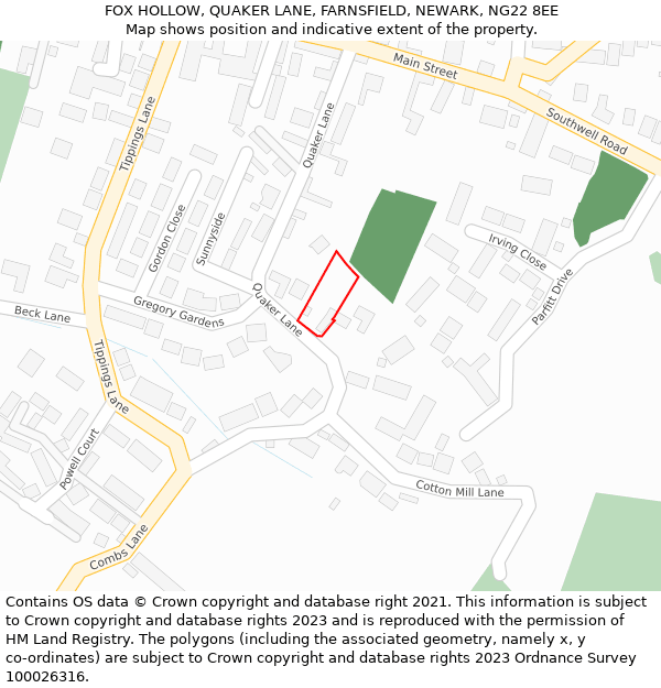 FOX HOLLOW, QUAKER LANE, FARNSFIELD, NEWARK, NG22 8EE: Location map and indicative extent of plot