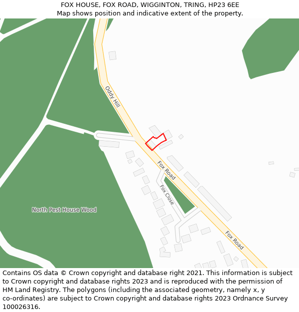 FOX HOUSE, FOX ROAD, WIGGINTON, TRING, HP23 6EE: Location map and indicative extent of plot