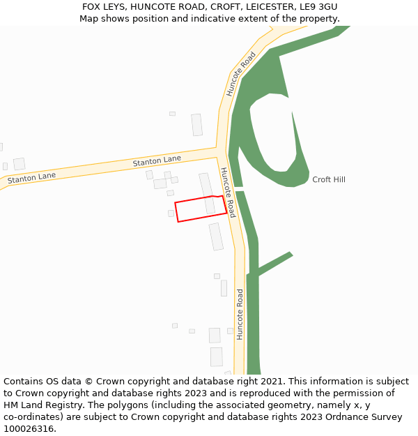 FOX LEYS, HUNCOTE ROAD, CROFT, LEICESTER, LE9 3GU: Location map and indicative extent of plot