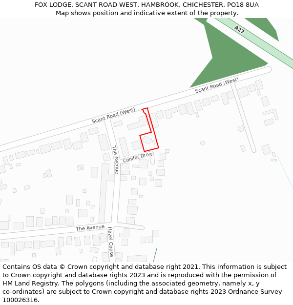 FOX LODGE, SCANT ROAD WEST, HAMBROOK, CHICHESTER, PO18 8UA: Location map and indicative extent of plot