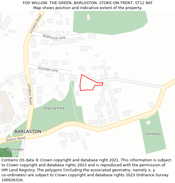 FOX WILLOW, THE GREEN, BARLASTON, STOKE-ON-TRENT, ST12 9AF: Location map and indicative extent of plot