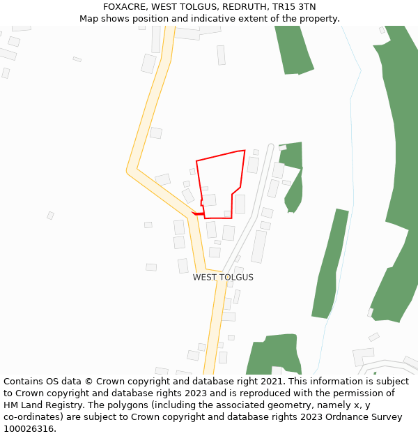 FOXACRE, WEST TOLGUS, REDRUTH, TR15 3TN: Location map and indicative extent of plot