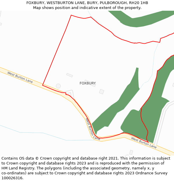 FOXBURY, WESTBURTON LANE, BURY, PULBOROUGH, RH20 1HB: Location map and indicative extent of plot