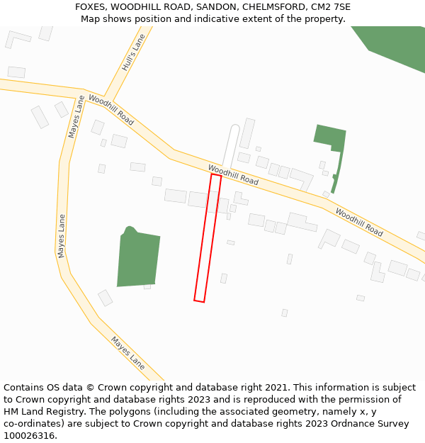 FOXES, WOODHILL ROAD, SANDON, CHELMSFORD, CM2 7SE: Location map and indicative extent of plot