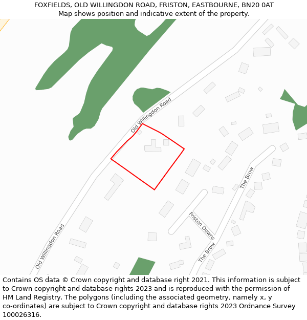 FOXFIELDS, OLD WILLINGDON ROAD, FRISTON, EASTBOURNE, BN20 0AT: Location map and indicative extent of plot