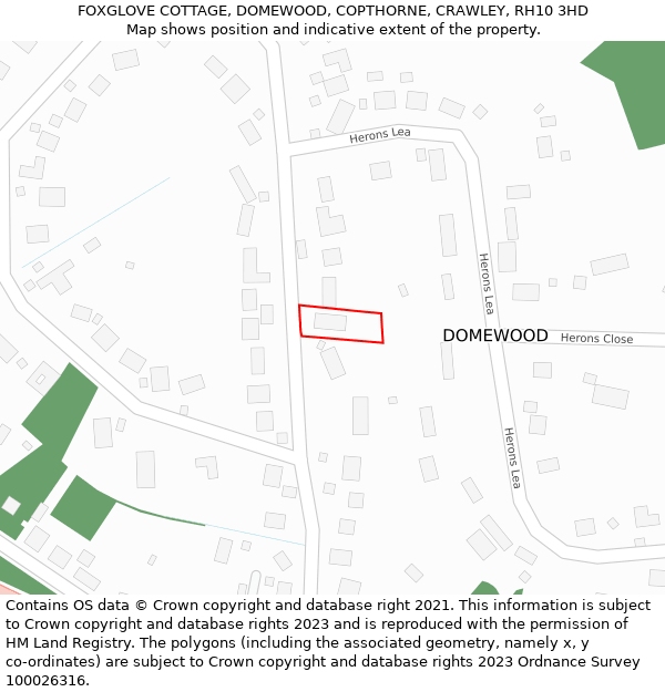 FOXGLOVE COTTAGE, DOMEWOOD, COPTHORNE, CRAWLEY, RH10 3HD: Location map and indicative extent of plot