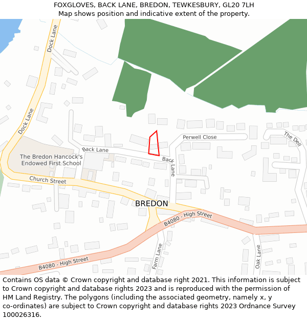 FOXGLOVES, BACK LANE, BREDON, TEWKESBURY, GL20 7LH: Location map and indicative extent of plot