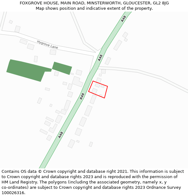 FOXGROVE HOUSE, MAIN ROAD, MINSTERWORTH, GLOUCESTER, GL2 8JG: Location map and indicative extent of plot