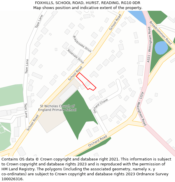 FOXHILLS, SCHOOL ROAD, HURST, READING, RG10 0DR: Location map and indicative extent of plot