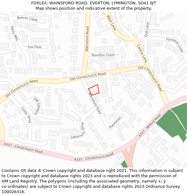 FOXLEA, WAINSFORD ROAD, EVERTON, LYMINGTON, SO41 0JT: Location map and indicative extent of plot