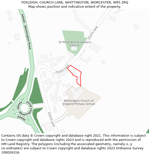 FOXLEIGH, CHURCH LANE, WHITTINGTON, WORCESTER, WR5 2RQ: Location map and indicative extent of plot