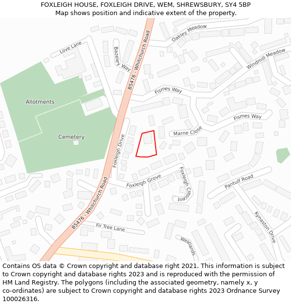 FOXLEIGH HOUSE, FOXLEIGH DRIVE, WEM, SHREWSBURY, SY4 5BP: Location map and indicative extent of plot