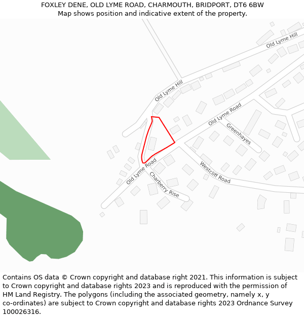 FOXLEY DENE, OLD LYME ROAD, CHARMOUTH, BRIDPORT, DT6 6BW: Location map and indicative extent of plot