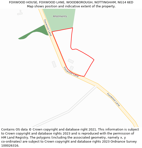 FOXWOOD HOUSE, FOXWOOD LANE, WOODBOROUGH, NOTTINGHAM, NG14 6ED: Location map and indicative extent of plot