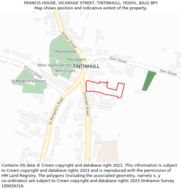 FRANCIS HOUSE, VICARAGE STREET, TINTINHULL, YEOVIL, BA22 8PY: Location map and indicative extent of plot