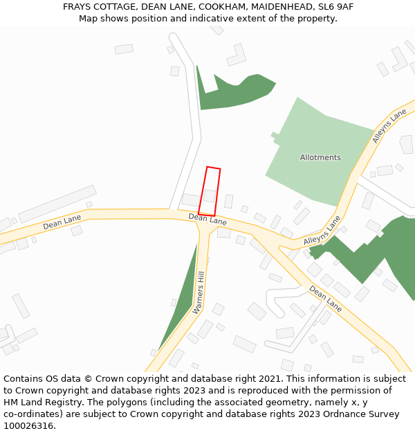 FRAYS COTTAGE, DEAN LANE, COOKHAM, MAIDENHEAD, SL6 9AF: Location map and indicative extent of plot