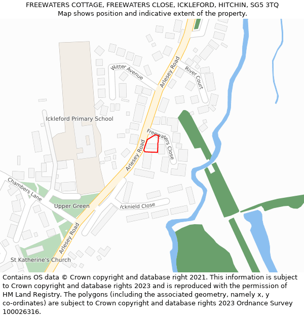 FREEWATERS COTTAGE, FREEWATERS CLOSE, ICKLEFORD, HITCHIN, SG5 3TQ: Location map and indicative extent of plot