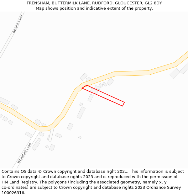 FRENSHAM, BUTTERMILK LANE, RUDFORD, GLOUCESTER, GL2 8DY: Location map and indicative extent of plot