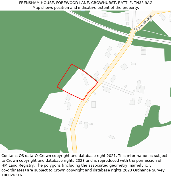 FRENSHAM HOUSE, FOREWOOD LANE, CROWHURST, BATTLE, TN33 9AG: Location map and indicative extent of plot