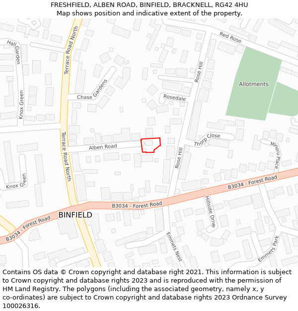 FRESHFIELD, ALBEN ROAD, BINFIELD, BRACKNELL, RG42 4HU: Location map and indicative extent of plot