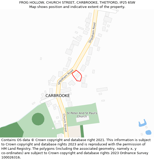 FROG HOLLOW, CHURCH STREET, CARBROOKE, THETFORD, IP25 6SW: Location map and indicative extent of plot