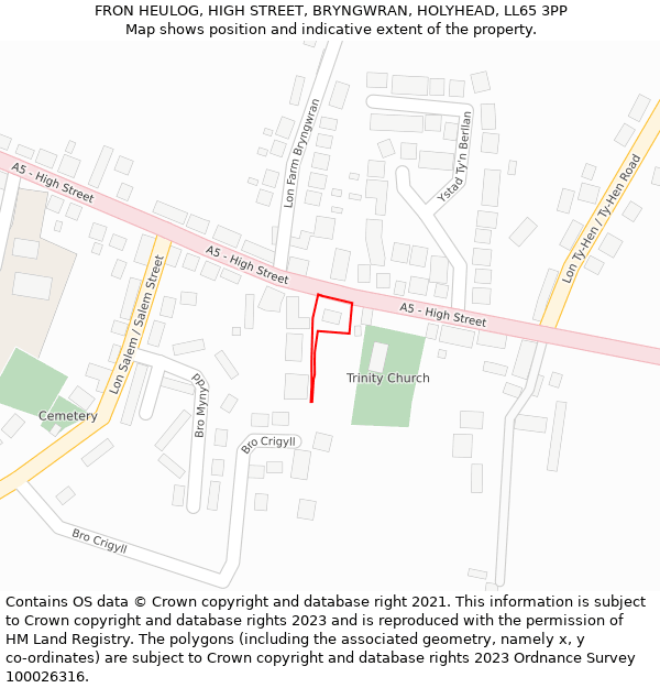 FRON HEULOG, HIGH STREET, BRYNGWRAN, HOLYHEAD, LL65 3PP: Location map and indicative extent of plot