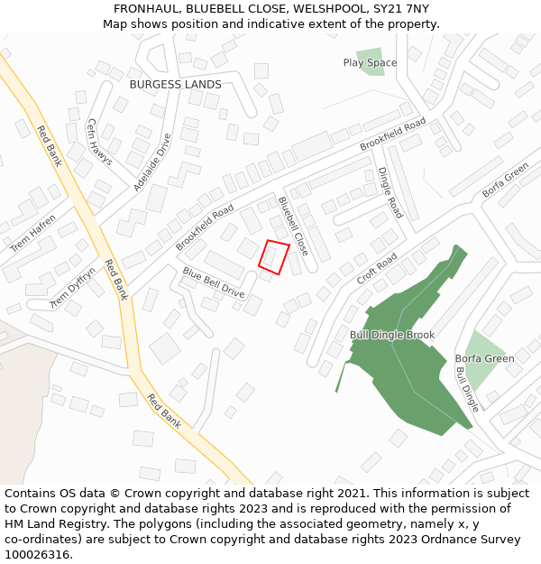 FRONHAUL, BLUEBELL CLOSE, WELSHPOOL, SY21 7NY: Location map and indicative extent of plot