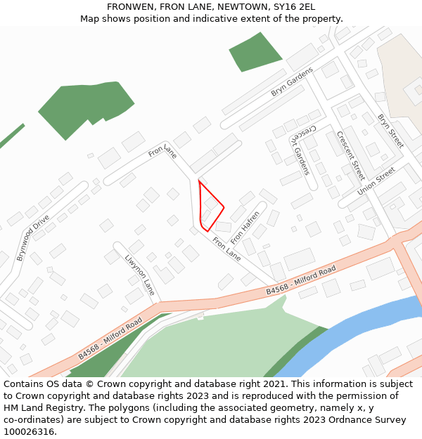 FRONWEN, FRON LANE, NEWTOWN, SY16 2EL: Location map and indicative extent of plot