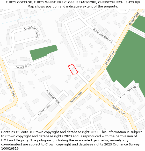 FURZY COTTAGE, FURZY WHISTLERS CLOSE, BRANSGORE, CHRISTCHURCH, BH23 8JB: Location map and indicative extent of plot