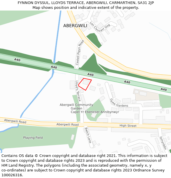 FYNNON DYSSUL, LLOYDS TERRACE, ABERGWILI, CARMARTHEN, SA31 2JP: Location map and indicative extent of plot