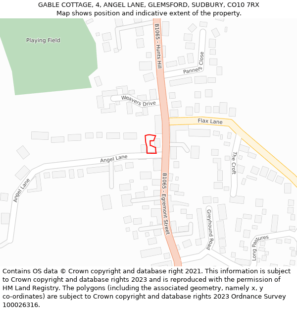 GABLE COTTAGE, 4, ANGEL LANE, GLEMSFORD, SUDBURY, CO10 7RX: Location map and indicative extent of plot