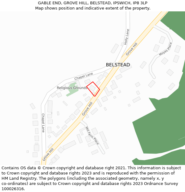 GABLE END, GROVE HILL, BELSTEAD, IPSWICH, IP8 3LP: Location map and indicative extent of plot