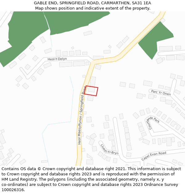 GABLE END, SPRINGFIELD ROAD, CARMARTHEN, SA31 1EA: Location map and indicative extent of plot