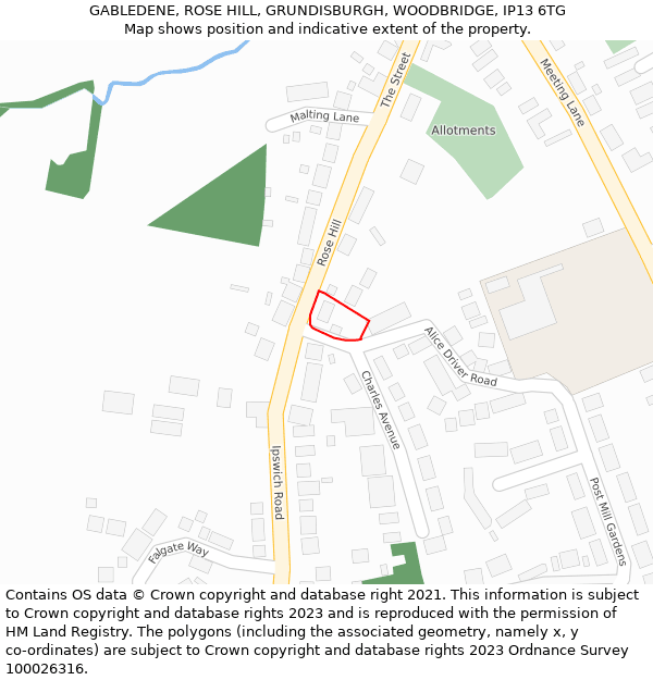 GABLEDENE, ROSE HILL, GRUNDISBURGH, WOODBRIDGE, IP13 6TG: Location map and indicative extent of plot