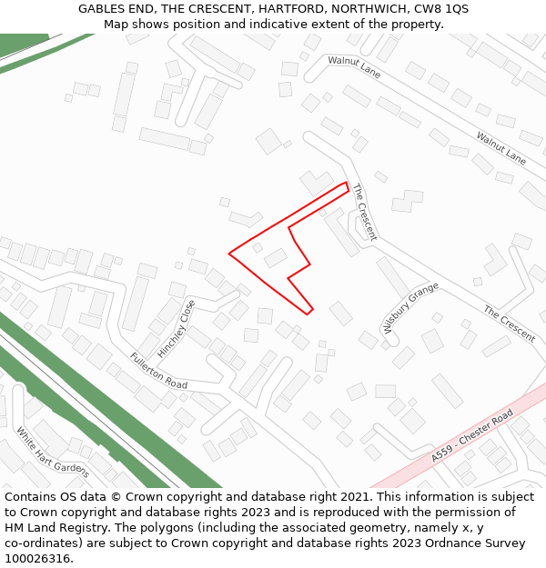 GABLES END, THE CRESCENT, HARTFORD, NORTHWICH, CW8 1QS: Location map and indicative extent of plot