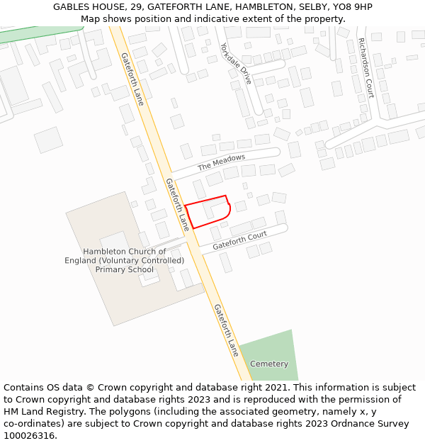 GABLES HOUSE, 29, GATEFORTH LANE, HAMBLETON, SELBY, YO8 9HP: Location map and indicative extent of plot