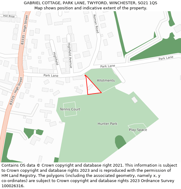 GABRIEL COTTAGE, PARK LANE, TWYFORD, WINCHESTER, SO21 1QS: Location map and indicative extent of plot