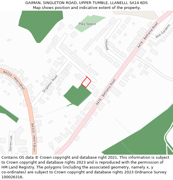 GAIMAN, SINGLETON ROAD, UPPER TUMBLE, LLANELLI, SA14 6DS: Location map and indicative extent of plot