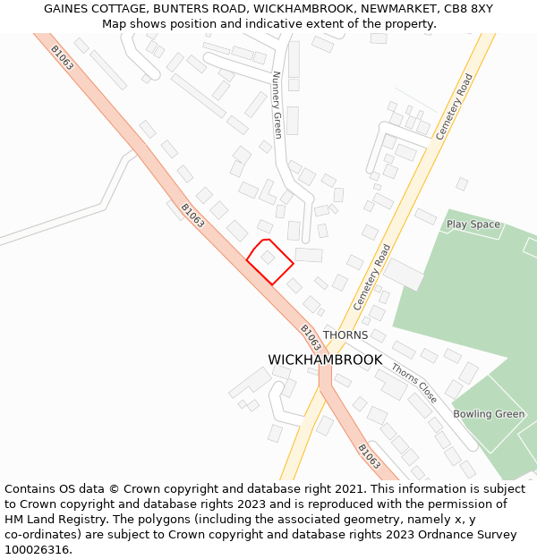 GAINES COTTAGE, BUNTERS ROAD, WICKHAMBROOK, NEWMARKET, CB8 8XY: Location map and indicative extent of plot