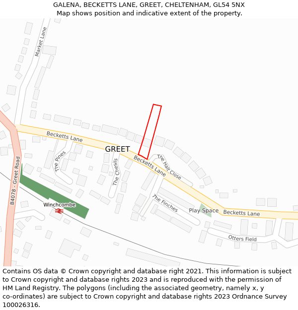 GALENA, BECKETTS LANE, GREET, CHELTENHAM, GL54 5NX: Location map and indicative extent of plot